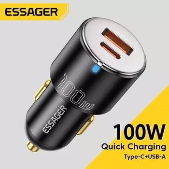 Автомобильное зарядное устройство Essager 100 Вт, USB, быстрая зарядка QC 3,0 PD 3,0, USB Type C, автомобильная быстрая зарядка для iPhone, Huawei, Samsung, ноутбуков, планшетов 66W Dual Type C+USB чёрный