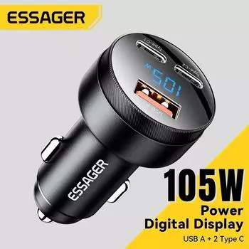 Автомобильное зарядное устройство Essager 105 Вт USB, быстрая зарядка 4,0 QC4.0 QC3.0 QC SCP PPS PD USB Type C, быстрая зарядка для iPhone 14 15, телефона Xiaomi серый