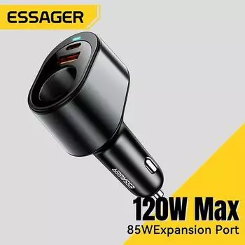 Автомобильное зарядное устройство Essager 120 Вт USB C с портом автомобильного прикуривателя 85 Вт, адаптер для быстрого автомобильного зарядного устройства для ноутбука iPhone 15 MacBook Xiaomi