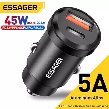 Автомобильное зарядное устройство Essager 45 Вт USB QC 4.0 PD 3.0 SCP 5A USB Type C Быстрая зарядка для iPhone 14 13 12 Pro Huawei Xiaomi Samsung S22 Ultra 30W Dual USB синий