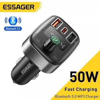 Автомобильное зарядное устройство Essager 50 Вт USB для телефона FM-передатчик Bluetooth 5,0 Автомобильный комплект Hands Free Mp3-плеер Быстрая зарядка Автомобильное зарядное устройство для телефона чёрный