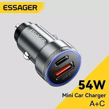 Автомобильное зарядное устройство Essager 54 Вт, USB, 5 А, быстрая зарядка QC 3,0 PD 3,0 SCP AFC, USB Type C, автомобильные зарядные устройства для телефонов IPhone, Huawei, Samsung, Xiaomi чёрный