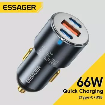 Автомобильное зарядное устройство Essager 66 Вт, быстрая зарядка, быстрое зарядное устройство Qc Pd 3,0 для Iphone 14 Type C, автомобильное USB-зарядное устройство для Huawei Samsung 66W 2 Port