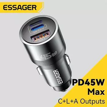 Автомобильное зарядное устройство Essager iP Port USB Type C PD QC 3,0 PPS 45 Вт, быстрая зарядка для iPhone 15, MacBook, Samsung, Xiaomi, зарядное устройство для мобильного телефона серый
