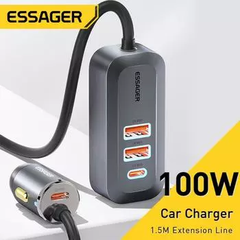 Автомобильное зарядное устройство Essager PD 100 Вт, 4 порта USB Type C, быстрое зарядное устройство, зарядное устройство для мобильного телефона для iPhone 14, 13, 12, Xiaomi, Samsung S22 S21