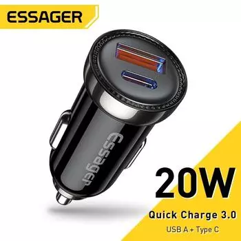 Автомобильное зарядное устройство Essager USB PD 20 Вт USB Type C для мобильного телефона, быстрая зарядка QC 3,0 для iPhone 14 Redmi Xiaomi Huawei, быстрая зарядка QC 3.0 Dual USB чёрный