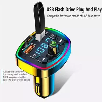 Автомобильное зарядное устройство FM-передатчик Bluetooth5.0 Hands Free True 3.1A Dual USB Port PD FastCharging MP3 Music TF Card U Disk AUX Player