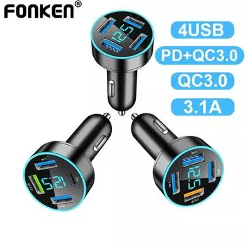 Автомобильное зарядное устройство Fonken, 4 порта, USB, QC3.0, адаптер для быстрой автомобильной зарядки, PD, быстрая зарядка, USB-зарядное устройство для телефона, с внешней подсветкой