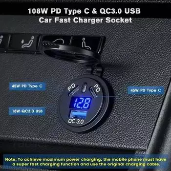 Автомобильное зарядное устройство Kewig Quick Charge 3.0 Dual USB C, 3 порта, водонепроницаемое, 12 В/24 В, USB, быстрая зарядка, розетка со светодиодным вольтметром