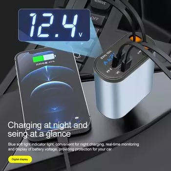 Автомобильное зарядное устройство мощностью 120 Вт с выдвижным кабелем USB Type C, адаптер прикуривателя, быстрое зарядное устройство с двумя USB-портами для iPhone, Android, Huawei