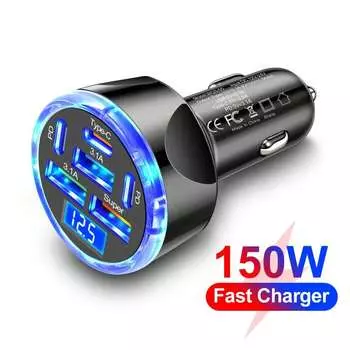 Автомобильное зарядное устройство мощностью 150 Вт с дисплеем напряжения, 6-портовый адаптер для быстрой зарядки со светодиодным дисплеем, совместимый с PD и QC3.0 автомобильный адаптер питания Multi USB one-size