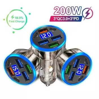 Автомобильное зарядное устройство мощностью 200 Вт с 6 портами USB и Type-C, PD QC3.0, быстрая зарядка для iPhone, Samsung, Huawei, Xiaomi — компактный, огнестойкий дизайн