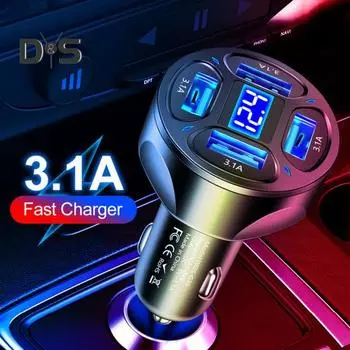 Автомобильное зарядное устройство мощностью 66 Вт, 4 порта, USB-зарядное устройство, интеллектуальная защита чипа, обнаружение напряжения, огнестойкое, термостойкое, портативное автомобильное зарядное устройство для ПК A чёрный