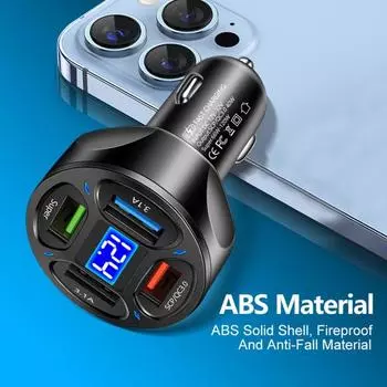 Автомобильное зарядное устройство мощностью 66 Вт, зарядное устройство USB с 4 портами, интеллектуальная защита чипа, обнаружение напряжения, огнестойкость, термостойкость, портативное автомобильное зарядное устройство A чёрный