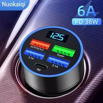 Автомобильное зарядное устройство PD100W QC3.0 Быстрая зарядка от одного до четырех автомобильных прикуривателей 5 портов Автомобильное зарядное устройство Flash Charge чёрный