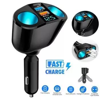 Автомобильное зарядное устройство PD20W, двойной QC 3,0, USB-адаптер питания, 12 В, автомобильное быстрое зарядное устройство, ЖК-дисплей, монитор напряжения, разветвитель, адаптер питания чёрный
