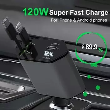 Автомобильное зарядное устройство PD 120 Вт, быстрое зарядное устройство с 2 выдвижными кабелями, быстрое автомобильное зарядное устройство типа C, вольтметр 4 в 1, питание для iPhone Huawei