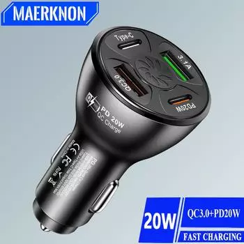Автомобильное зарядное устройство PD 20 Вт USB-адаптер для быстрой зарядки Type C, несколько 4 портов, мобильный телефон, быстрый QC3.0, универсальный для iPhone, Xiaomi, Huawei Black