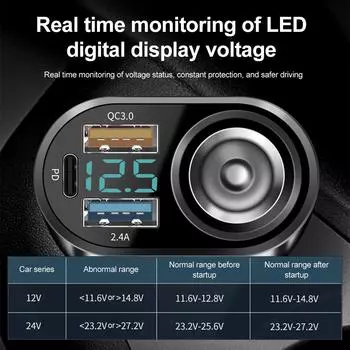 Автомобильное зарядное устройство PD 66 Вт QC3.0 Type C 1–4 штекер прикуривателя автомобиля 4 порта зарядное устройство Flash Charge с цифровым дисплеем