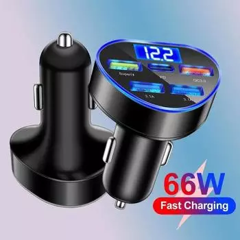 Автомобильное зарядное устройство PD 66 Вт USB QC3.0, быстрая зарядка от автомобильного прикуривателя, многофункциональное зарядное устройство для телефона на 5 портов, быстрая зарядка с цифровым дисплеем белый