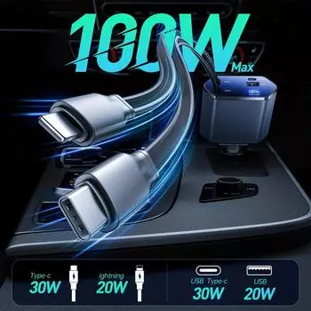 Автомобильное зарядное устройство PD Fast Car Charger мощностью 100 Вт с цифровым дисплеем, 4-портовым автомобильным адаптером USB C со встроенными выдвижными кабелями Type-C и Lightning PT-16-1