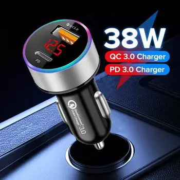 Автомобильное зарядное устройство PD + USB QC3.0 38 Вт, зарядное устройство для быстрой зарядки телефона, адаптер прикуривателя 12-24 В со светодиодным дисплеем вольтметра