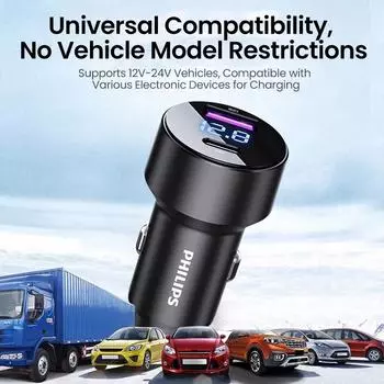 Автомобильное зарядное устройство Philips PD30W с быстрой зарядкой, два порта USB+Type-C чёрный