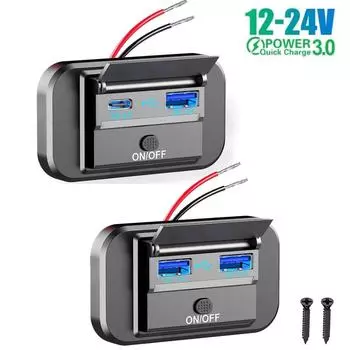 Автомобильное зарядное устройство QC3.0, 12 В, быстрая зарядка, двойной USB с адаптером для панели включения/выключения серый