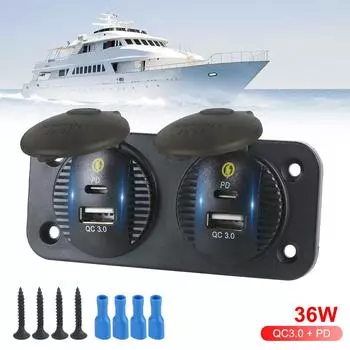 Автомобильное зарядное устройство QC3.0 и панель адаптера питания Type-C, автомобильные аксессуары, 36 Вт, 12 В/24 В, быстрая зарядка для морских лодок, мотоциклов, грузовиков, кемперов, два USB-порта Without Wire
