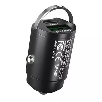 Автомобильное зарядное устройство QC3.0 PD 100 Вт, быстрая зарядка 5 А, 2 порта, 12–24 В, прикуриватель, автомобильное зарядное устройство USBC для iPhone, адаптер питания чёрный