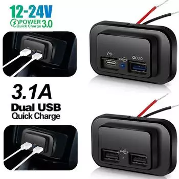 Автомобильное зарядное устройство QC3.0 PD, быстрая зарядка, двойная USB-розетка, панель, адаптер питания для грузовиков, кемперов, караванов, аксессуары 12/24 В