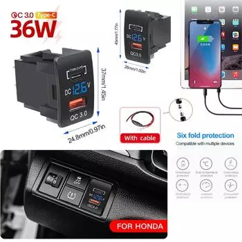 Автомобильное зарядное устройство QC3.0 USB PD Type-C, порт быстрой зарядки, автомобильный адаптер со светодиодным вольтметром 37X24 мм/45X26 мм для автомобилей Honda