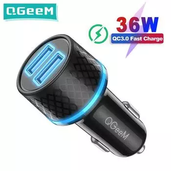 Автомобильное зарядное устройство QGEEM USB, адаптер 36 Вт для iPhone 13 12 Pro 11 Max Mini Dual USB, быстрая зарядка, автомобильное быстрое зарядное устройство USB для Xiaomi Fast car charger чёрный