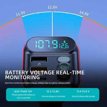 Автомобильное зарядное устройство Quick Charge 3.0 с разъемом PD Type-C, светодиодным дисплеем RGB, Bluetooth FM-передатчиком и монитором напряжения Black