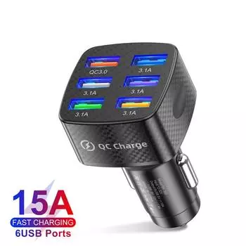 Автомобильное зарядное устройство Quick Charge 3.0 75 Вт 15а 6 портов USB-зарядное устройство для Iphone 13 12 Pro Samsung Xiaomi Huawei зарядное устройство для мобильного телефона 75W чёрный
