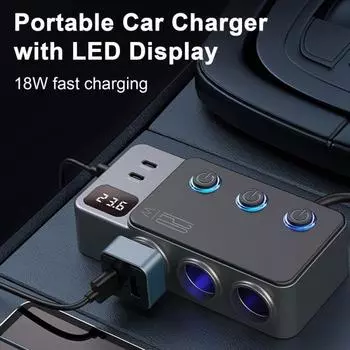 Автомобильное зарядное устройство, разветвитель зажигания со светодиодным вольтметром, два порта USB, независимые переключатели