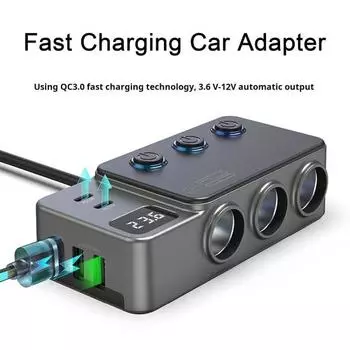 Автомобильное зарядное устройство, разветвитель зажигания со светодиодным вольтметром, два порта USB, независимые переключатели