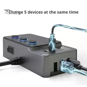 Автомобильное зарядное устройство, разветвитель зажигания со светодиодным вольтметром, два порта USB, независимые переключатели, 5 портов зарядки, адаптер для розетки 12 В/24 В для нескольких чёрный