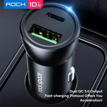 Автомобильное зарядное устройство ROCK, 24 Вт, быстрая зарядка 3,0 PD, быстрая автомобильная зарядка типа C для мобильного телефона Huawei, Xiaomi, USB-зарядное устройство