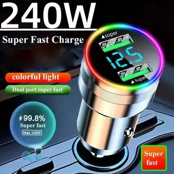 Автомобильное зарядное устройство с 2 портами Super Fast USB для iPhone 14 Pro Max 13 Oneplus Huawei OPPO Samsung Xiaomi 240 Вт, адаптер для быстрой зарядки