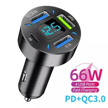 Автомобильное зарядное устройство с 4 USB QC 3.0 PD, зарядное устройство для мобильного телефона с быстрой зарядкой, адаптер питания 66 Вт для iPhone, Huawei, Samsung с цифровым ЖК-дисплеем, измеритель напряжения 4USB
