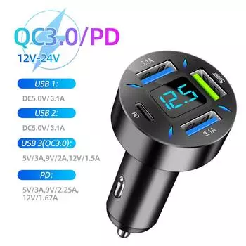 Автомобильное зарядное устройство с 4 USB QC 3.0 PD, зарядное устройство для мобильного телефона с быстрой зарядкой, адаптер питания 66 Вт для iPhone, Huawei, Samsung с цифровым ЖК-дисплеем, измеритель напряжения 4USB