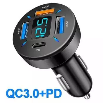 Автомобильное зарядное устройство с цифровым дисплеем, 4 USB-порта, PD, быстрая зарядка, зарядка мобильного телефона, автомобильное зарядное устройство QC3.0