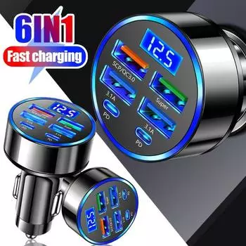 Автомобильное зарядное устройство с цифровым дисплеем 6 в 1, 4 USB+2PD, поддержка сверхбыстрой зарядки, DC12-24 В, многопортовое зарядное устройство для мобильного телефона с цифровым дисплеем
