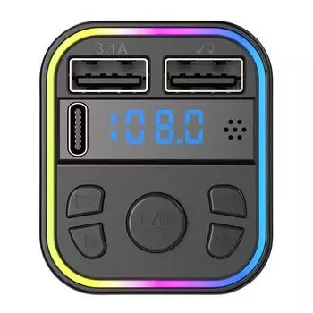 Автомобильное зарядное устройство с двумя разъемами USB Type-C, FM-передатчиком, Bluetooth 5.0, Mp3-плеером, RGB-лампой, функцией зарядки, без помощи рук, FM-картой TF, U-диском