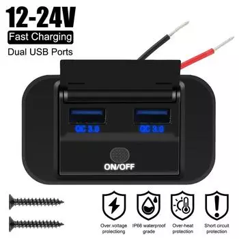 Автомобильное зарядное устройство с двумя розетками USB, адаптером розетки, панель питания USB 12 В/24 В для мотоцикла, кемпера, грузовика, квадроцикла, лодки, автомобиля, автофургона, двойное зарядное устройство QC3.0 зелёный