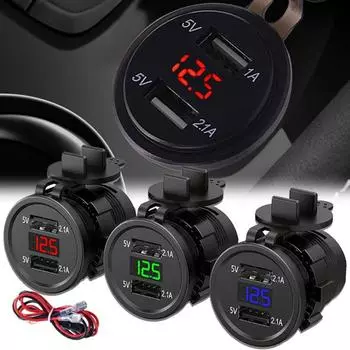 Автомобильное зарядное устройство с двумя USB-портами DC12-24V, мониторинг состояния аккумулятора, цифровой дисплей, зарядное устройство для автомобиля, мотоцикла, гнездо для зарядного устройства с пылезащитным чехлом