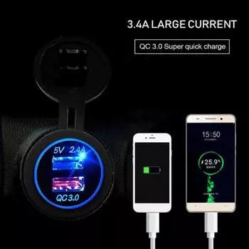 Автомобильное зарядное устройство с двумя USB-портами QC3.0, быстрая зарядка постоянного тока, 12–24 В, светодиодный индикатор оранжевый