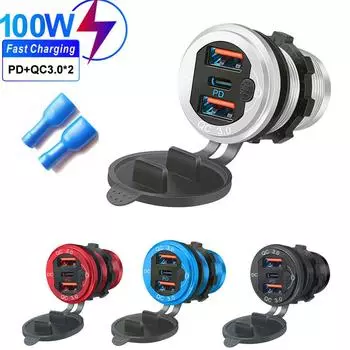 Автомобильное зарядное устройство с двумя USB-портами 12 В/24 В, портами PD3.0 и QC3.0 Type-C, водонепроницаемое, со светодиодным сенсорным переключателем, адаптер для быстрой зарядки автомобиля и мотоцикла чёрный