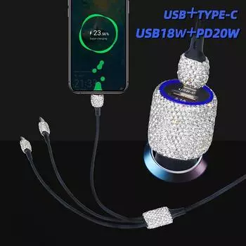 Автомобильное зарядное устройство с двумя USB-портами 5 В 3,1 А, блестящие стразы, хрустальные украшения для автомобиля для быстрой зарядки, автодекор для iPhone Android белый